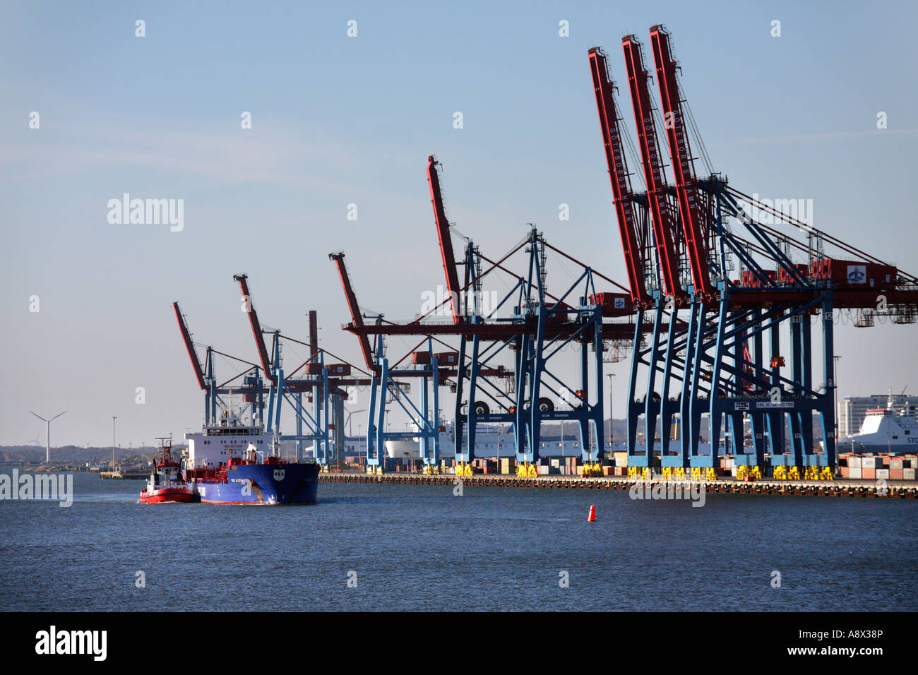 Maritime Container Terminal at Port of Gothenburg Sweden with  gantry cranes that are Gothenburg´s tallest structures. Stock Photo