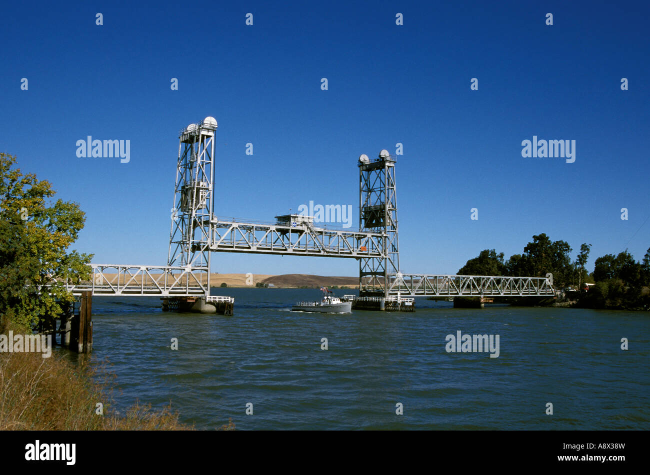 California CA Delta movable bridge vertical lift Stock Photo