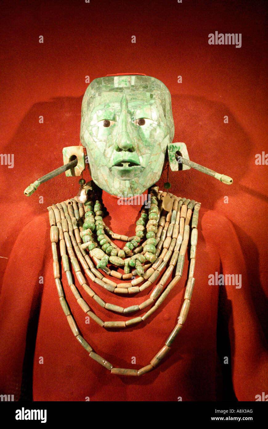 Replica of Lord Pakal's jade death mask and Mayan jade necklaces from Pakal's tomb in Palenque, Chiapas, National Museum of Anthropology, Mexico City Stock Photo