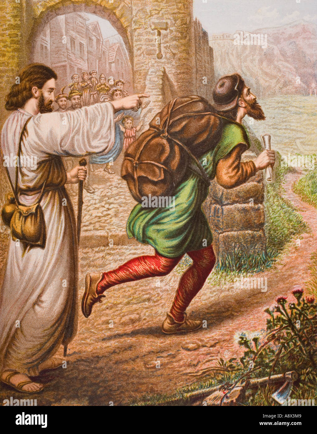 Evangelist directs Christian on his way. From the book The Pilgrim's Progress by John Bunyan, late 19th century edition. Stock Photo