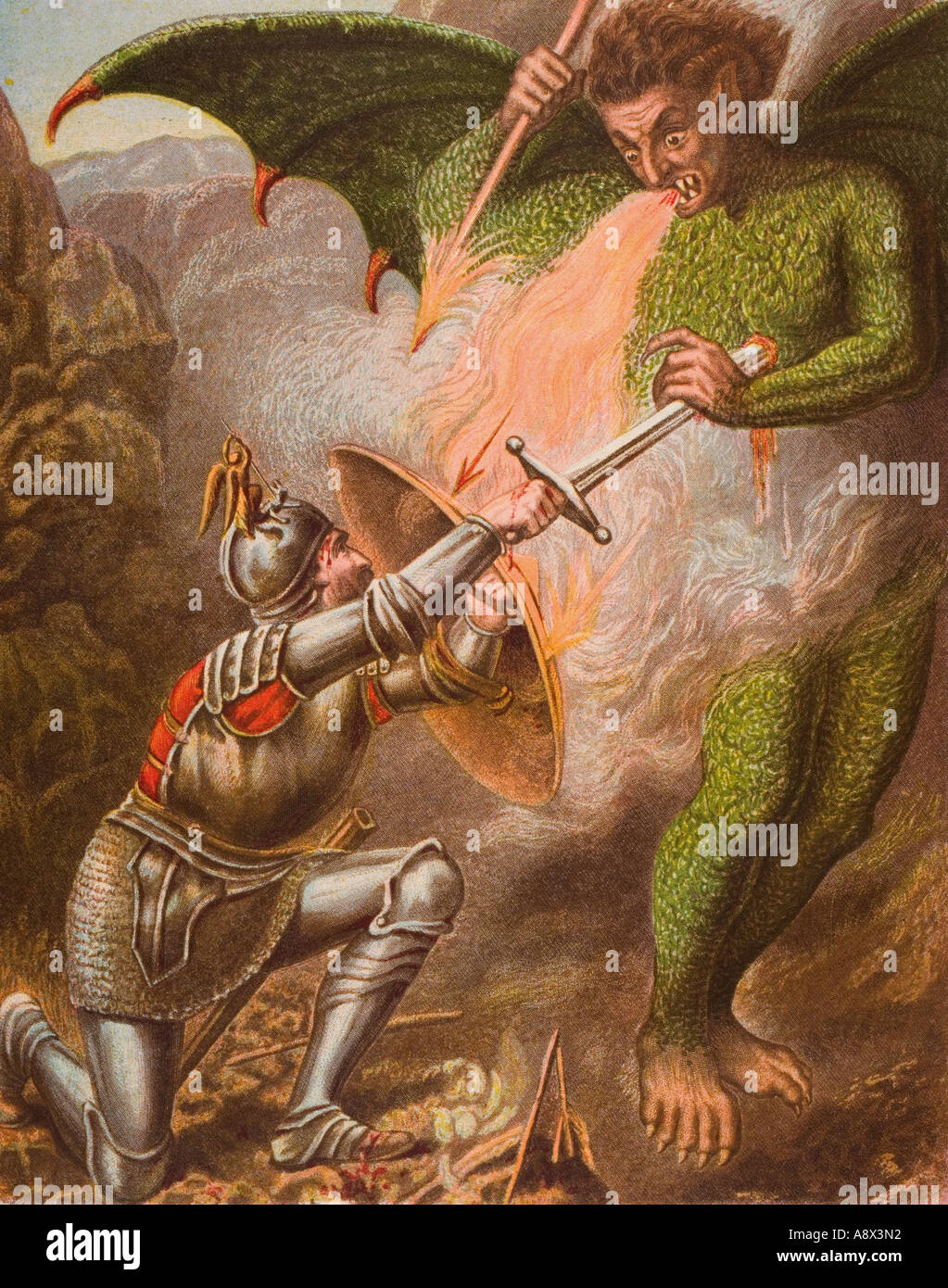 Christian's conflict with Apollyon,  From the book The Pilgrim's Progress by John Bunyan, late 19th century edition. Stock Photo