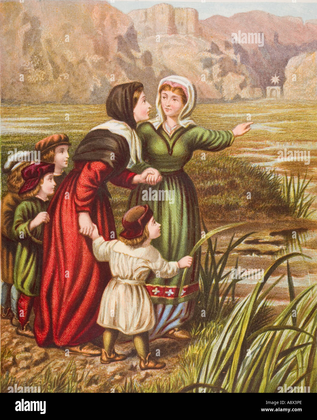 Christiana and Mercy at the Slough of Despond. From the book The Pilgrim's Progress by John Bunyan, late 19th century edition. Stock Photo