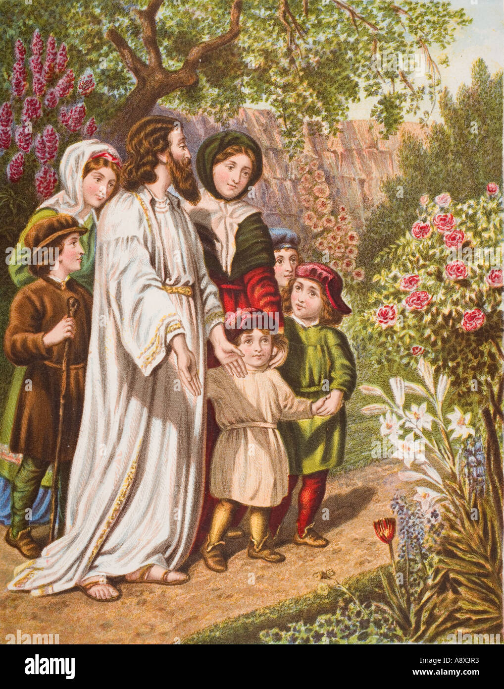 The interpreter and the pilgrims in the garden.  From the book The Pilgrim's Progress by John Bunyan, late 19th century edition. Stock Photo