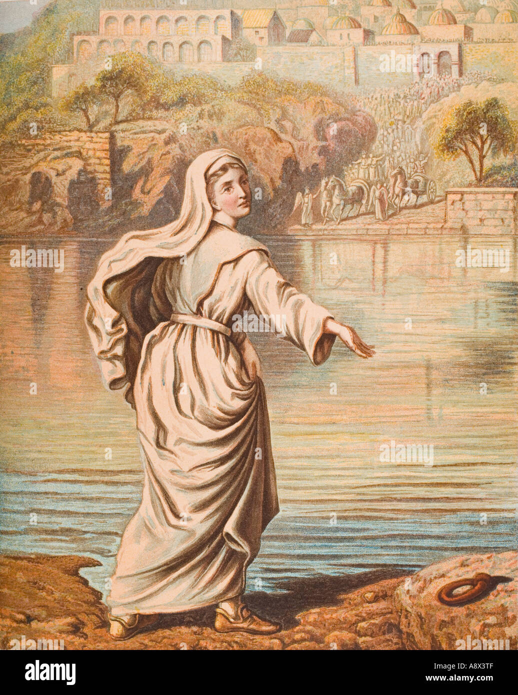 Christiana entering the river. From the book The Pilgrim's Progress by John Bunyan, late 19th century edition. Stock Photo