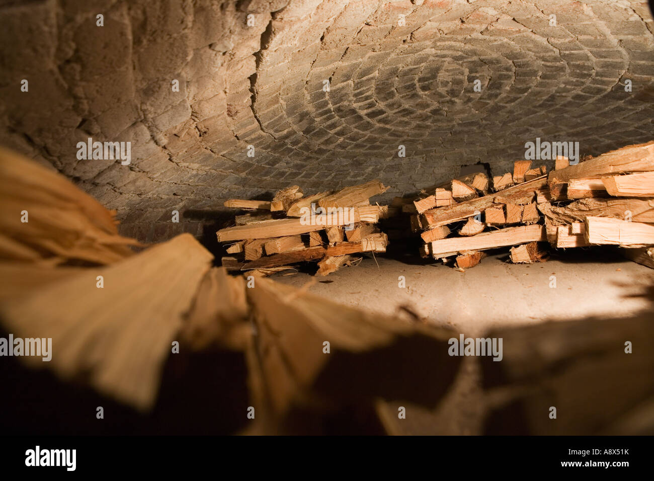 Wood stacked in beehive oven Winkler Bakery Old Salem North Carolina