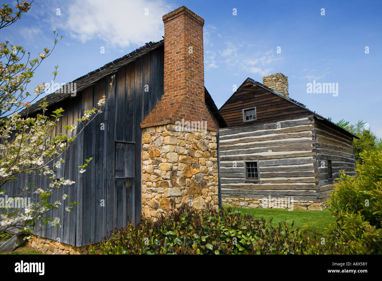 Log cabins at Greensboro Historical Museum North Carolina Stock Photo
