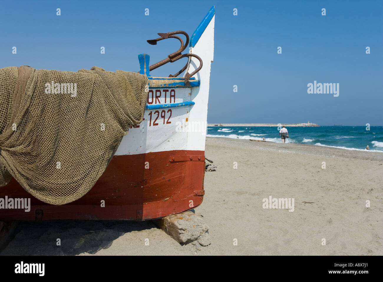 La Linea de la Concepcion Cadiz Province Spain Beach and fishing boat Stock Photo