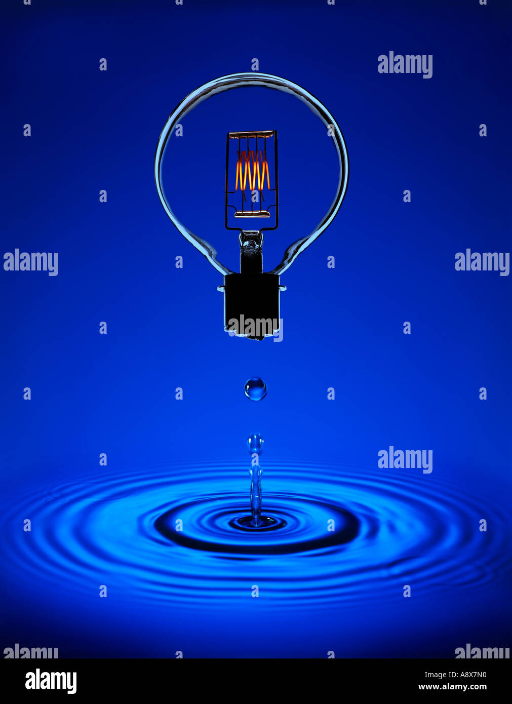 GLASS ELECTRIC LIGHT BULB WITH GLOWING FILAMENT FLOATING ABOVE POOL OF