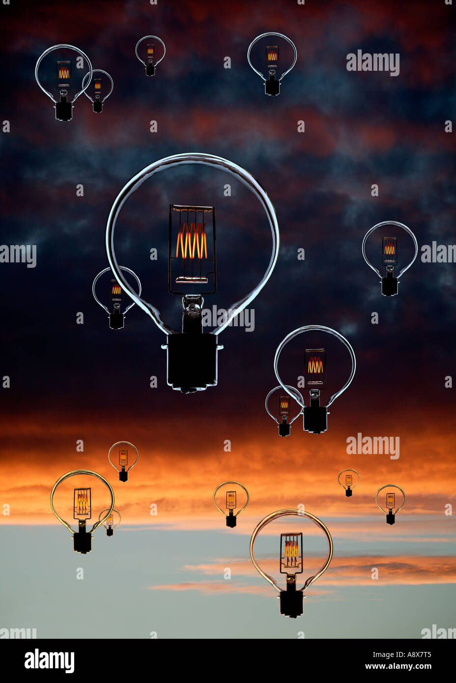 GLASS ELECTRIC LIGHT BULBS WITH GLOWING FILAMENTS FLOATING IN TWILIGHT