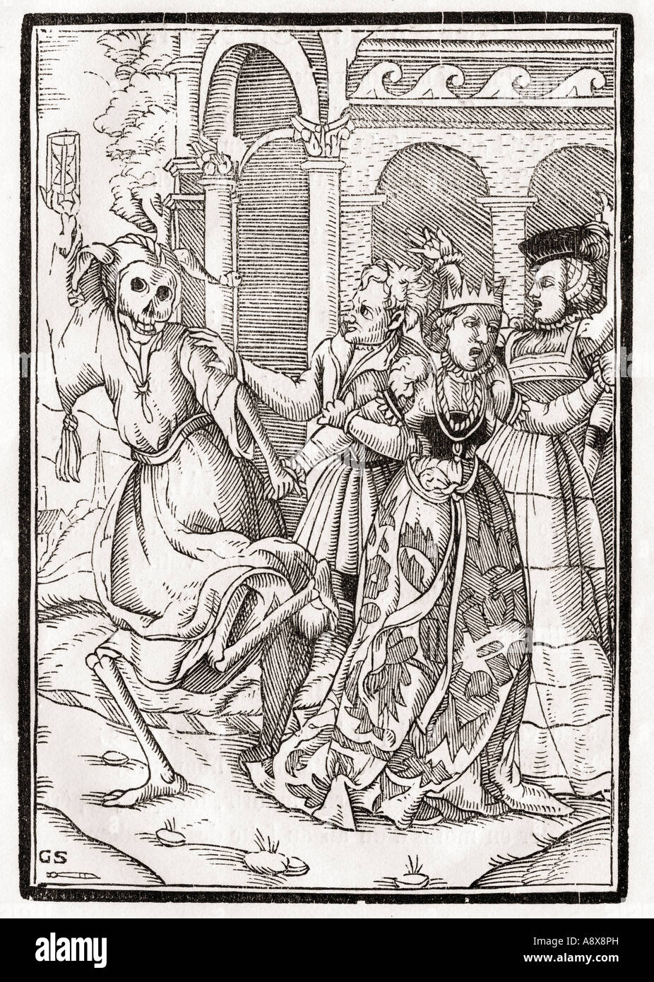 Death comes for the Queen. Woodcut by Georg Scharffenberg after Hans Holbein the Younger. From Der Todten Tanz or Dance of Death Stock Photo