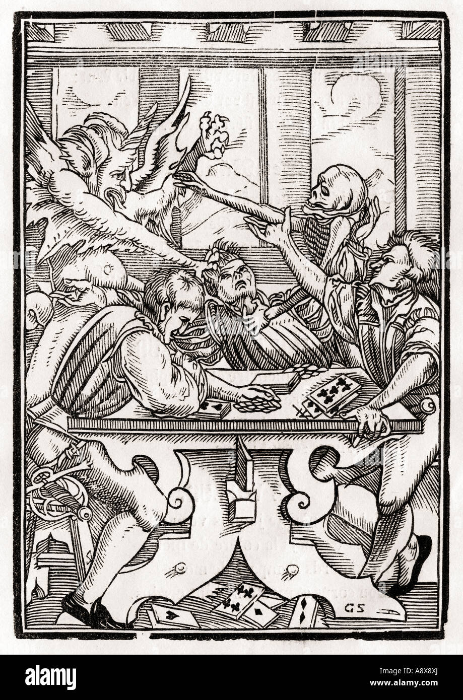 Death and the Devil come for the Card Player, from Der Todten Tanz or The Dance of Death Stock Photo