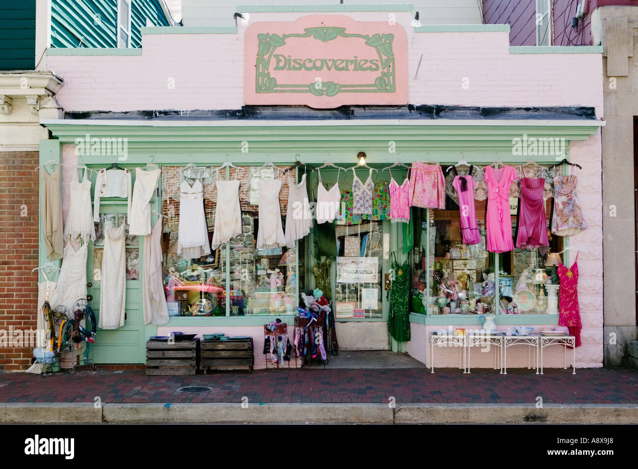 Trendy upscale gentrified retail yuppie dress shop Ellicott City Maryland Stock Photo