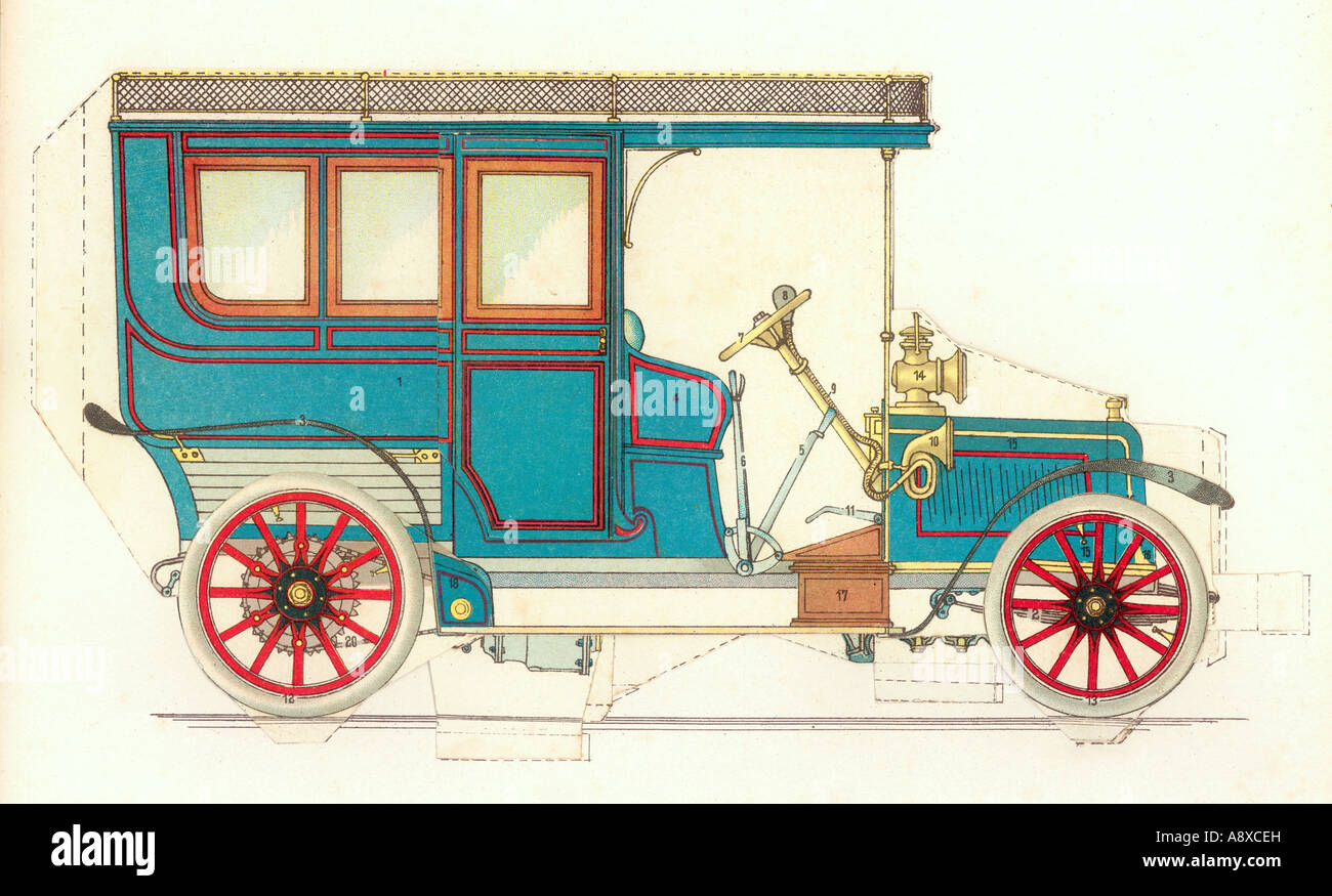 COLOR ILLUSTRATION OF VINTAGE PETROL ENGINE CAR - Stock Image