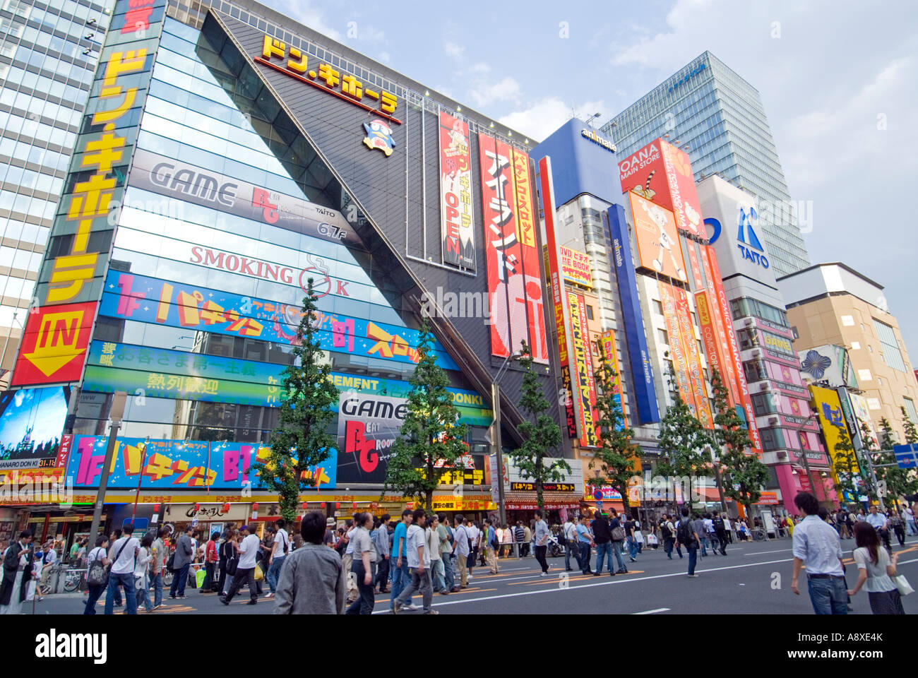 View of electrical stores and crowds of shoppers  in Akihabara Electric City in Tokyo Stock Photo