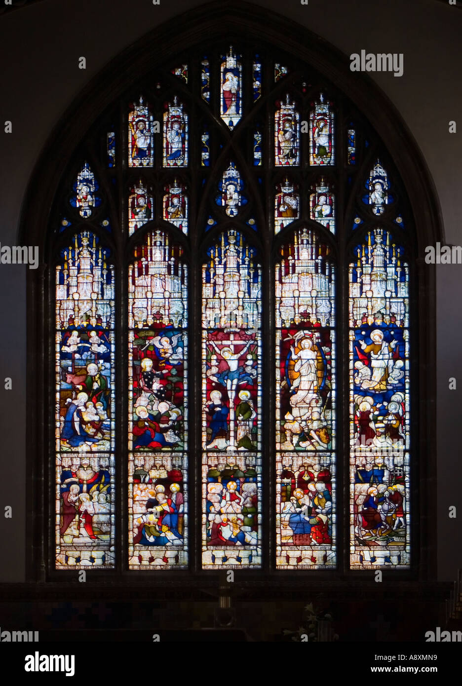 The main stained glass window of Chelmsford Cathedral Essex UK Stock