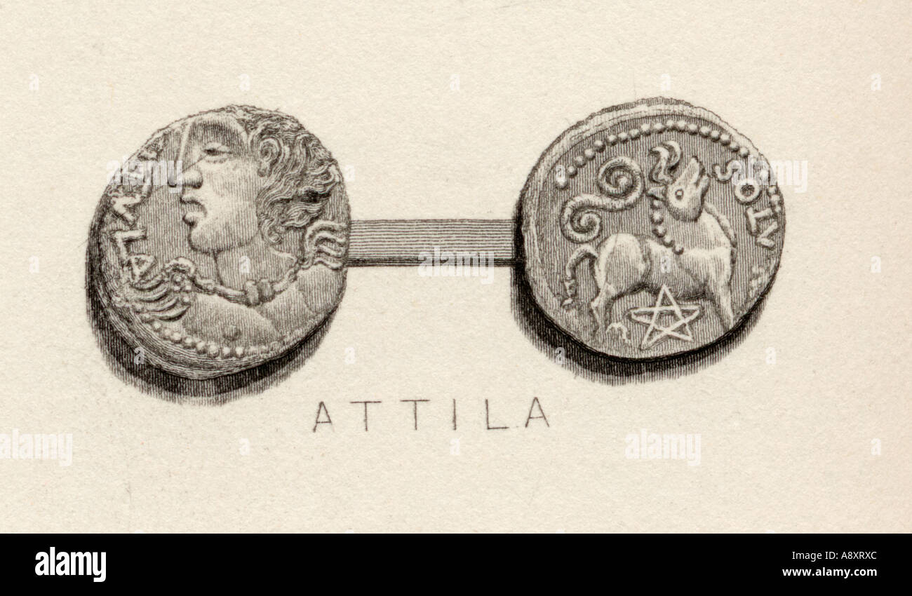 Coin from the time of  Attila, King of the Huns, AD 434 - 453. Byname Flagellum Dei,  Latin Scourge of God. Stock Photo