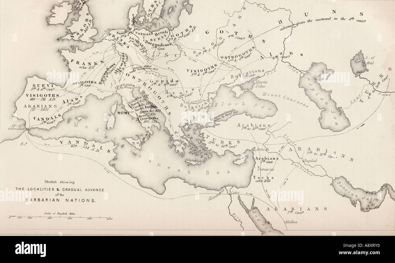 Map showing the gradual advance of the Barbarian Nations, drawn and engraved by W Hughes Stock Photo
