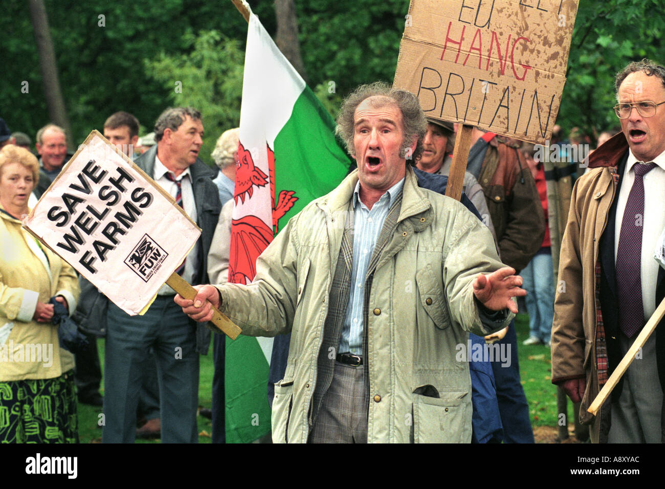 Farmers sing the Welsh National Anthem at a rally to save Welsh farms in Cardiff South Wales UK Stock Photo