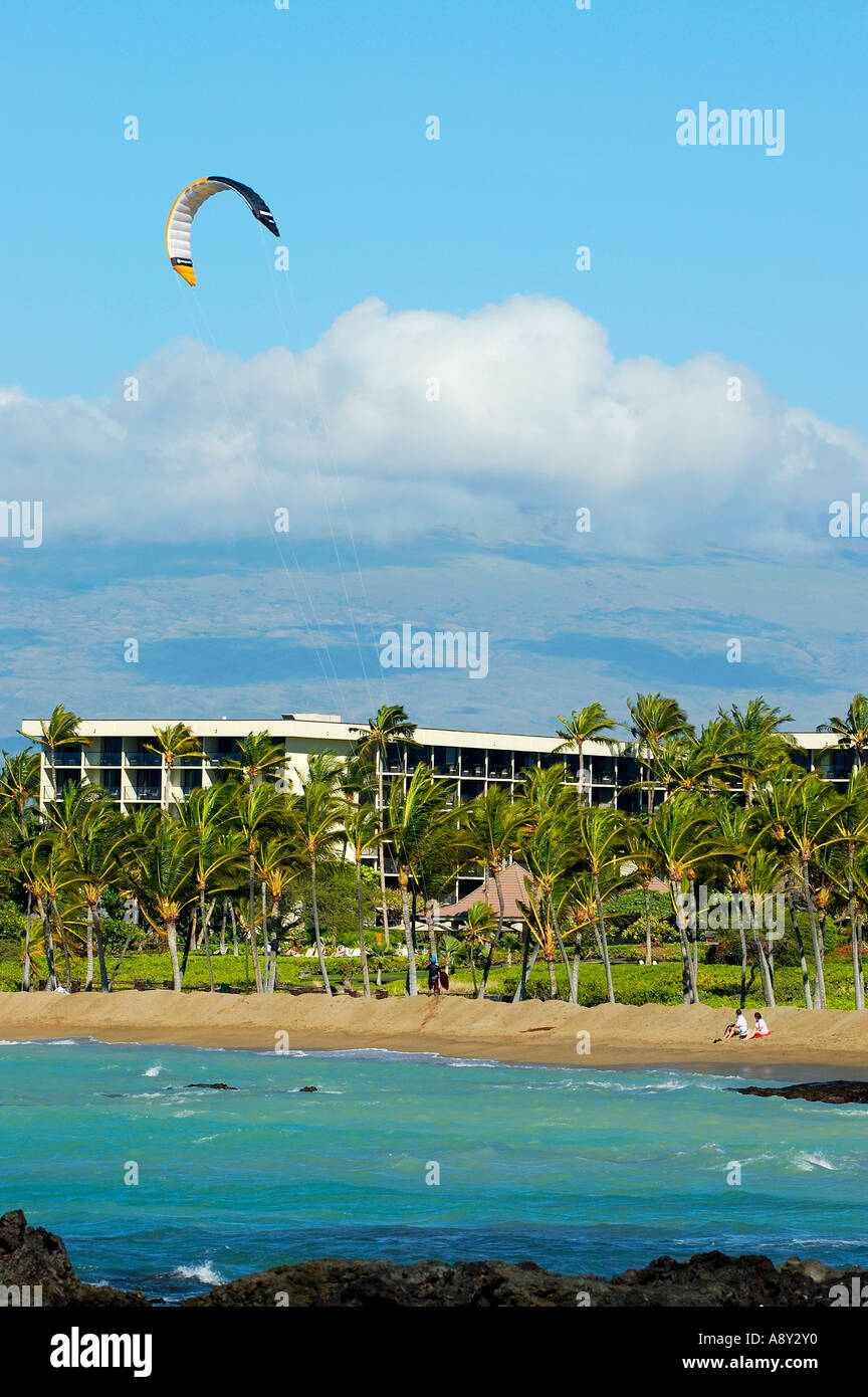 Anehalamehalu bay kite surfer coming onshore in front of the Marriott resort The Big Island of Hawaii Stock Photo