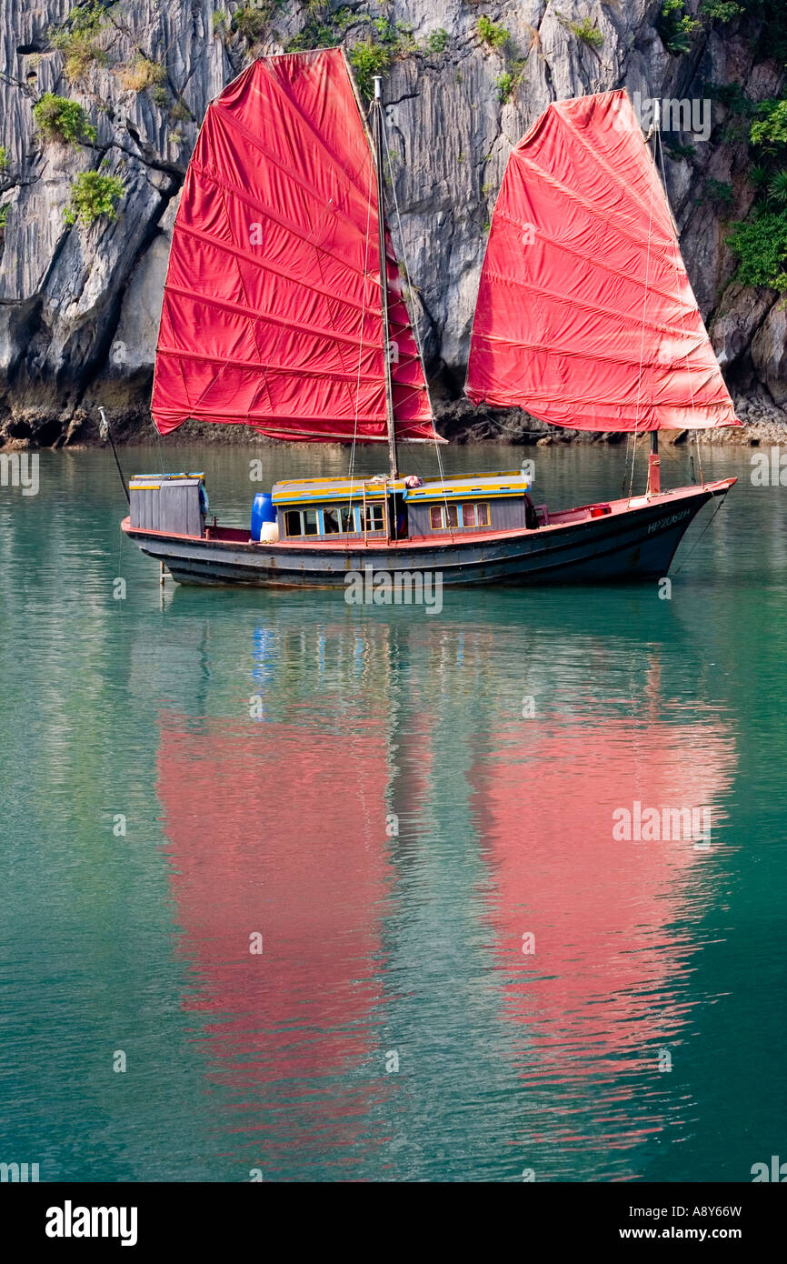 Traditional Chinese Fishing Sailboat Junk Halong Bay Vietnam Stock