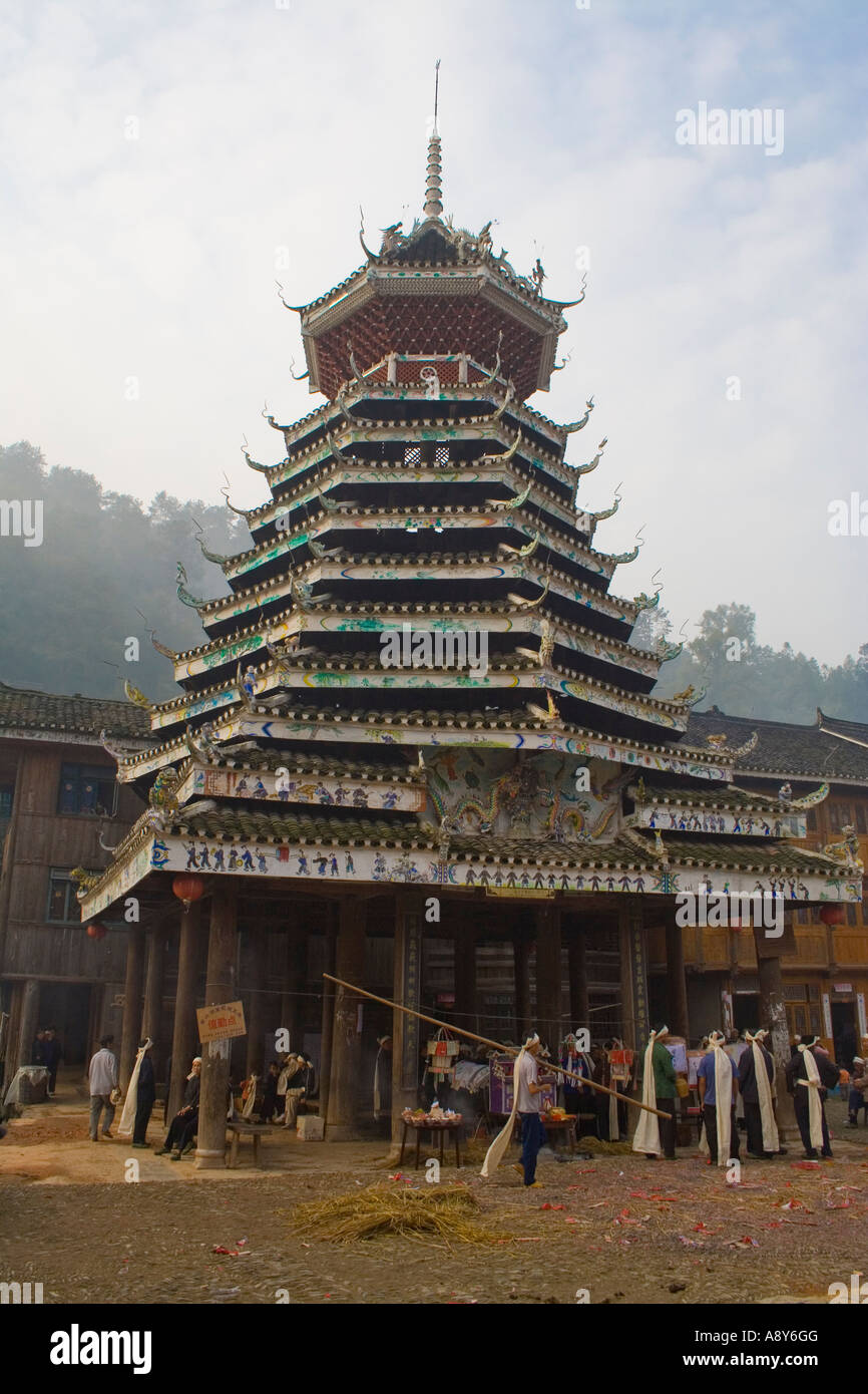 Traditional Dong Chinese Funeral Ceremony under a Drumtower Zhaoxing China Stock Photo