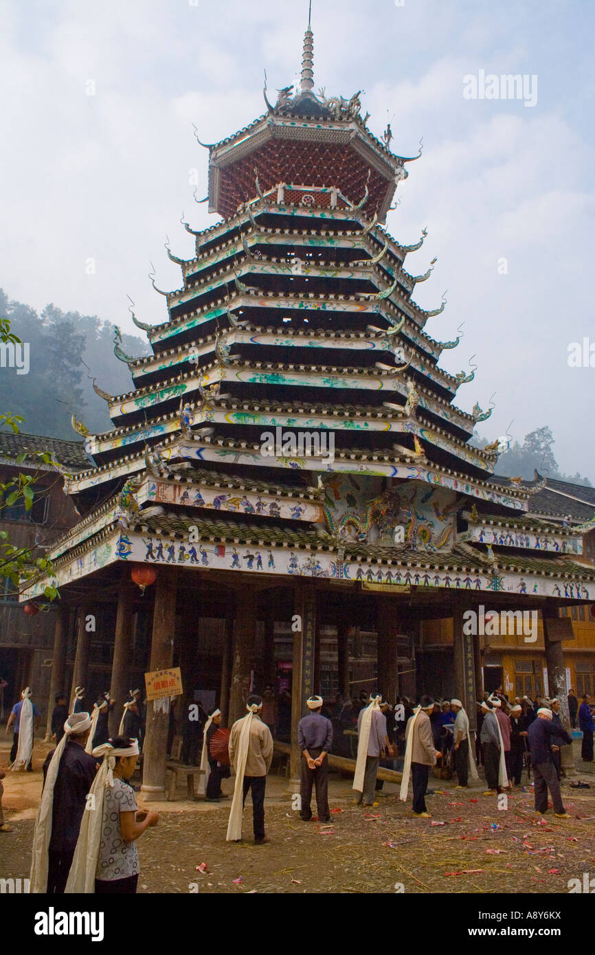 Traditional Dong Chinese Funeral Ceremony under a Drumtower Zhaoxing