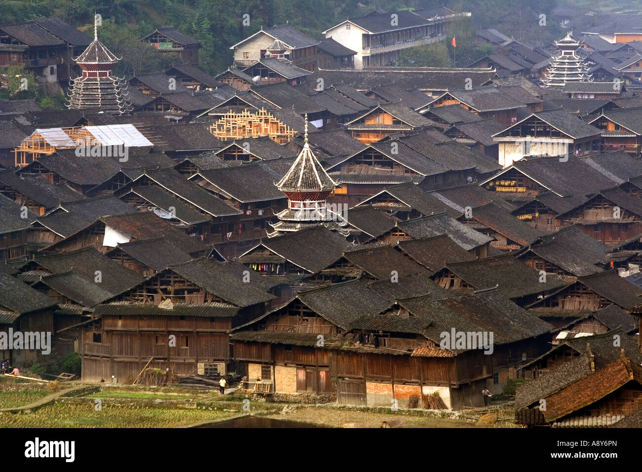 Traditional Chinese Dong Minority Village and Drumtowers Zhaoxing China Stock Photo