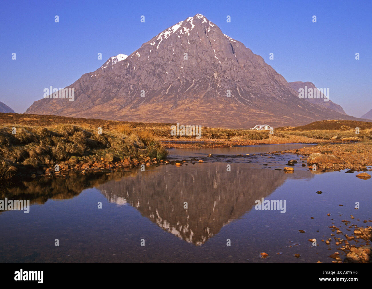 Buachaille Etive Mor and the River Etive from the West Highland Way near Kings House Hotel at the head of Glen Coe Stock Photo