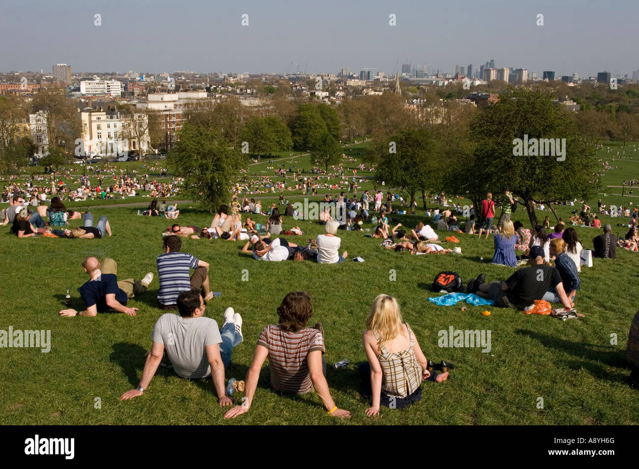 People enjoying evening view from Primrose Hill - London Stock Photo