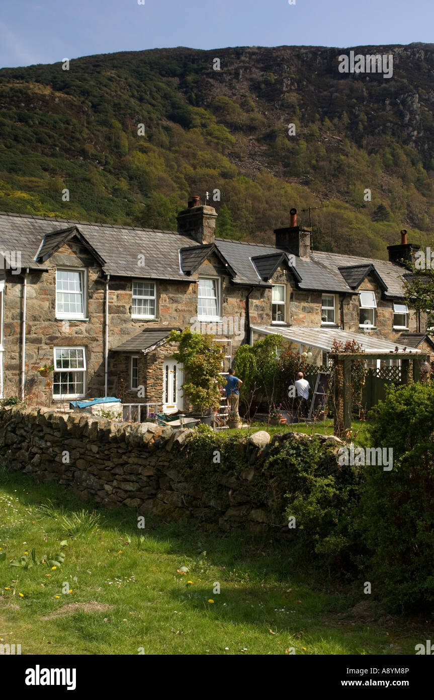 Row of traditional stone built welsh houses Beddgelert snowdonia