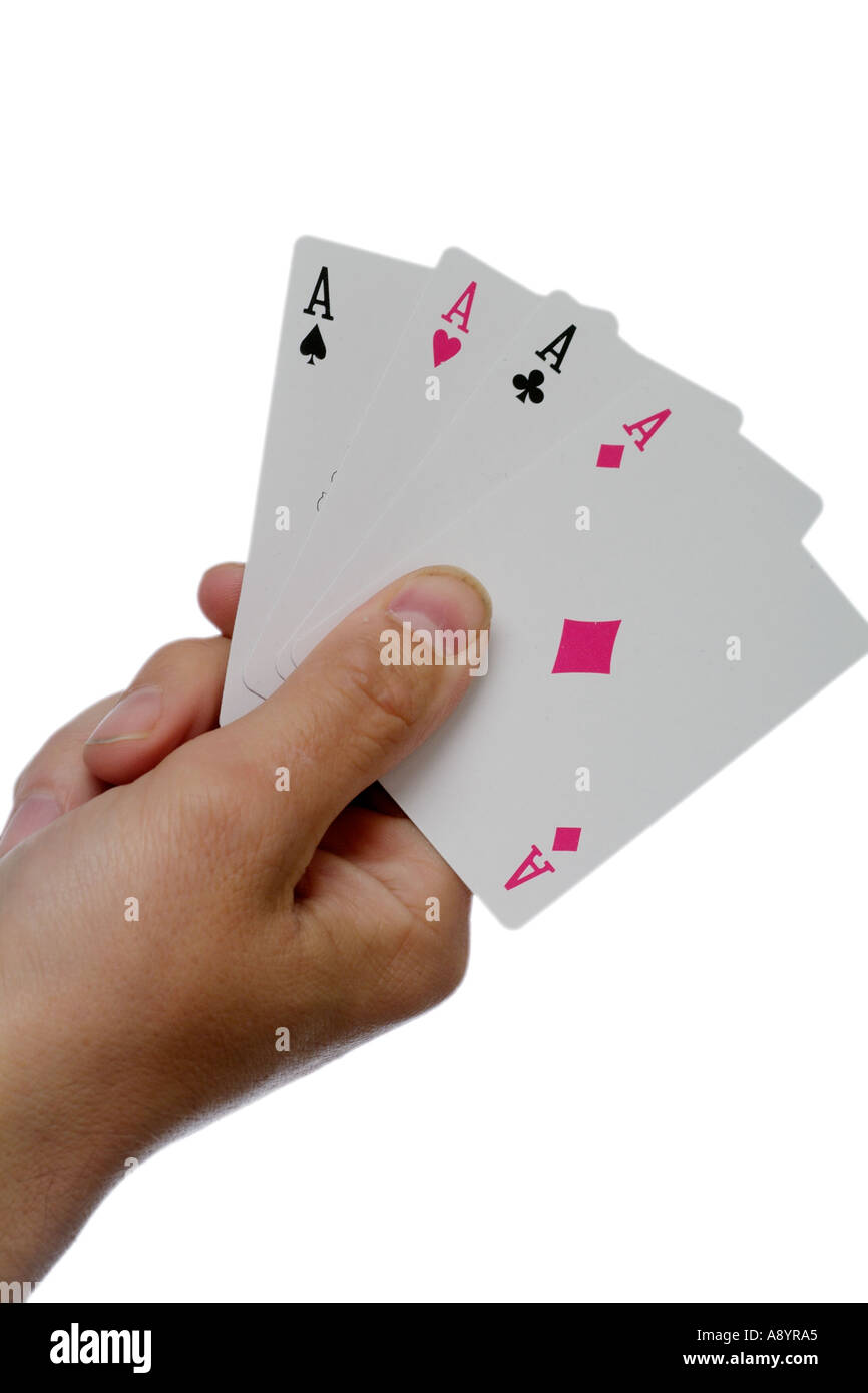 gamble gambling play playing card cards risk bet poker ace jack queen king flush las vegas casino betting hand deal dealt dealer Stock Photo