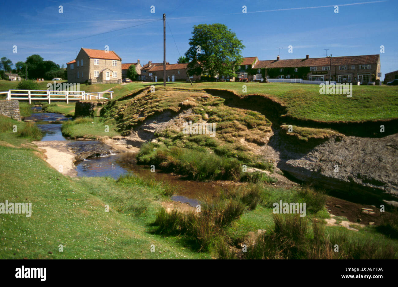 Classic landslip of a riverbank; Hutton Beck, village of Hutton-le-Hole ...