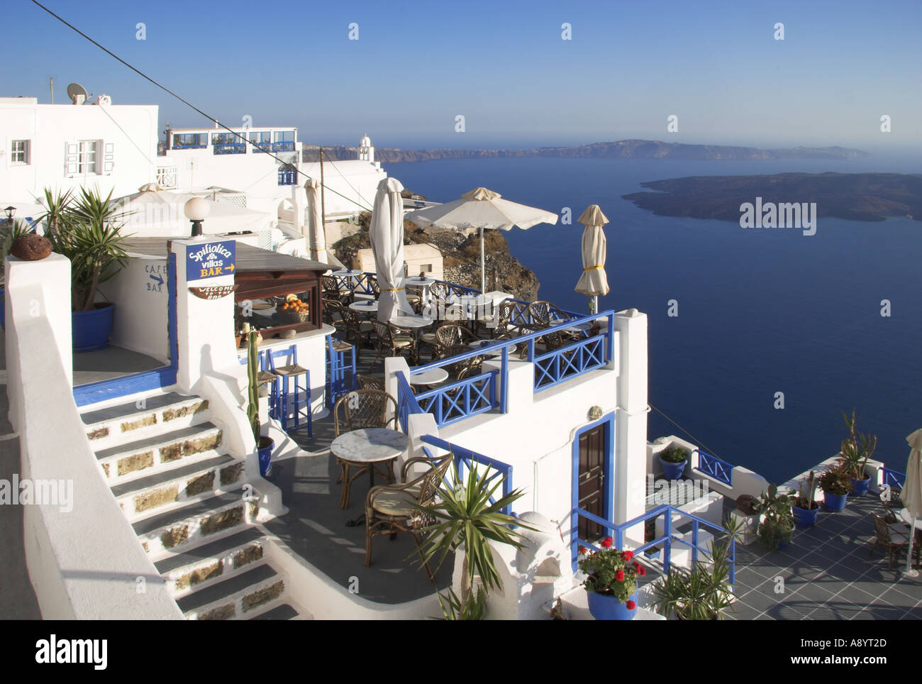 Hotel and bar terraces at Imerovigli Santorini Cyclades Islands Greece Stock Photo