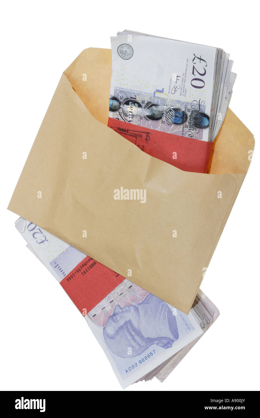 Cash and a brown envelope Used notes Stock Photo Alamy