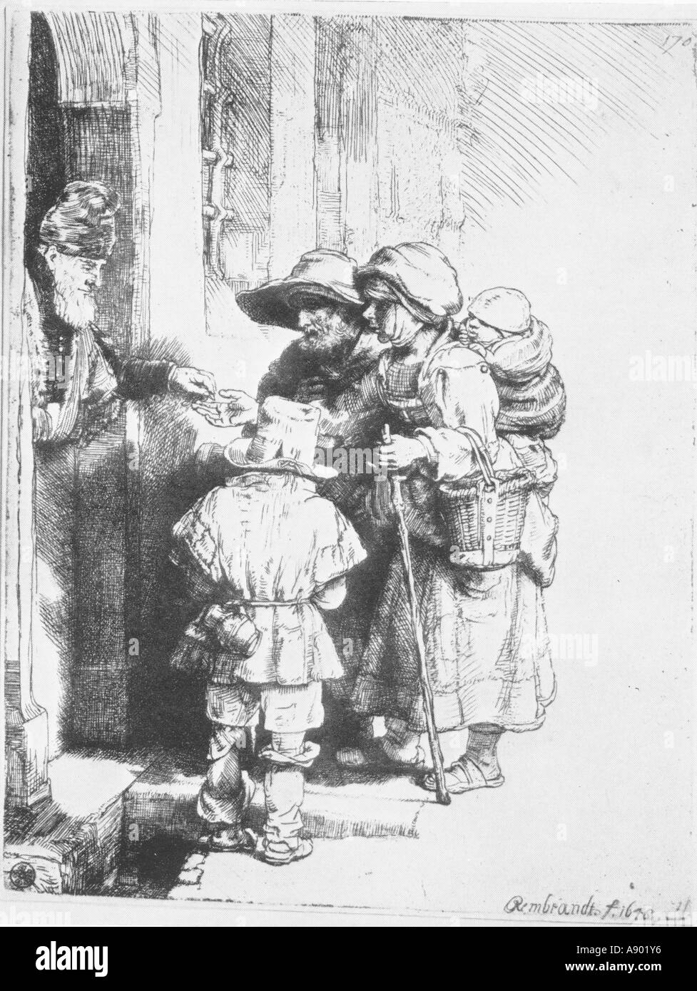 Beggars Receiving Alms at the Door, Rembrandt circa 1648 Stock Photo