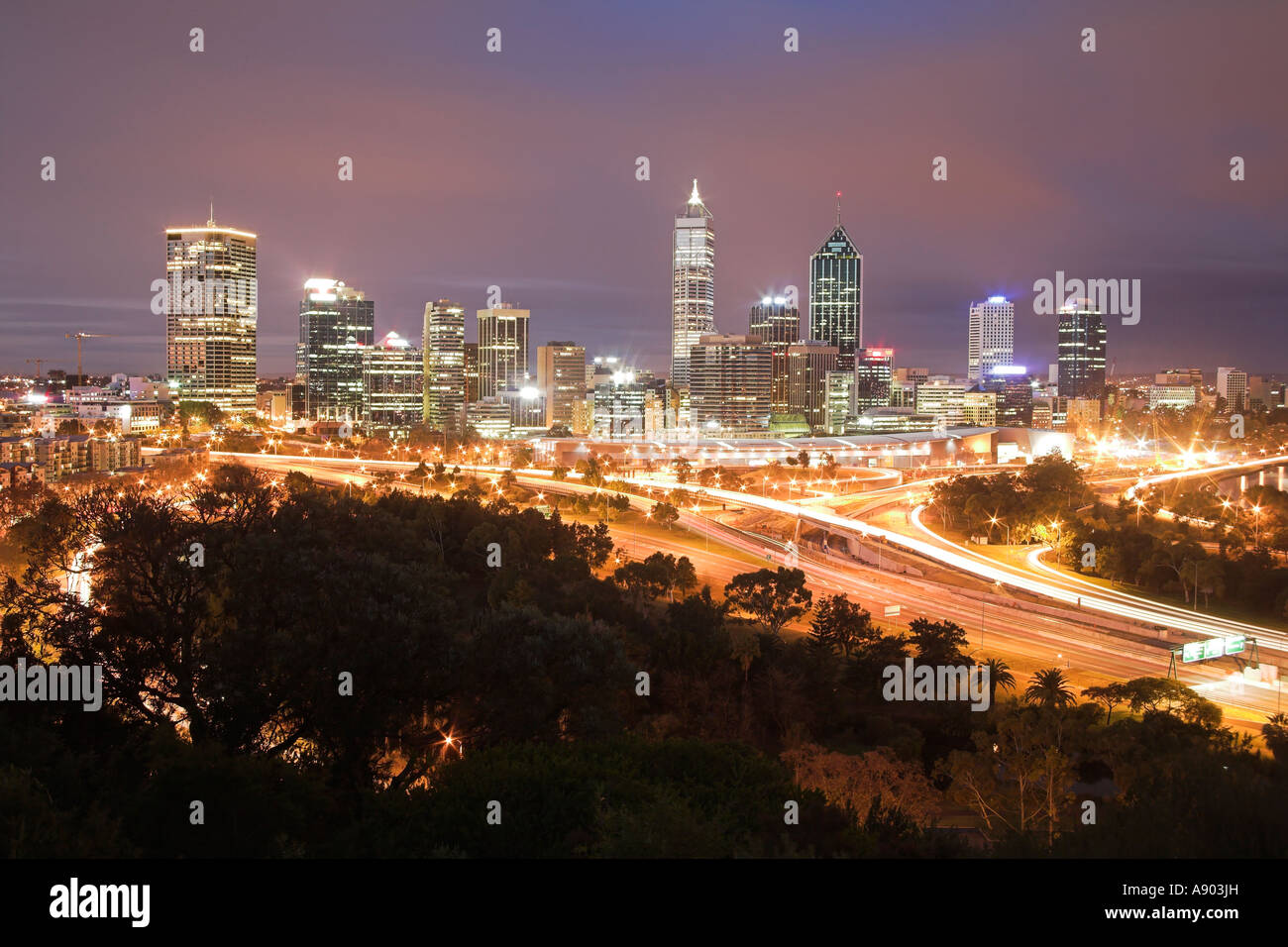 Skyline of the Western Australian capital city, Perth, by night time exposure method from Kings Park Stock Photo