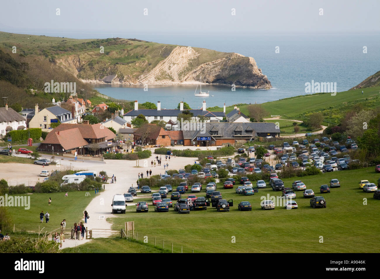 Lulworth Cove and visitor centre complex and car park. Dorset. UK Stock