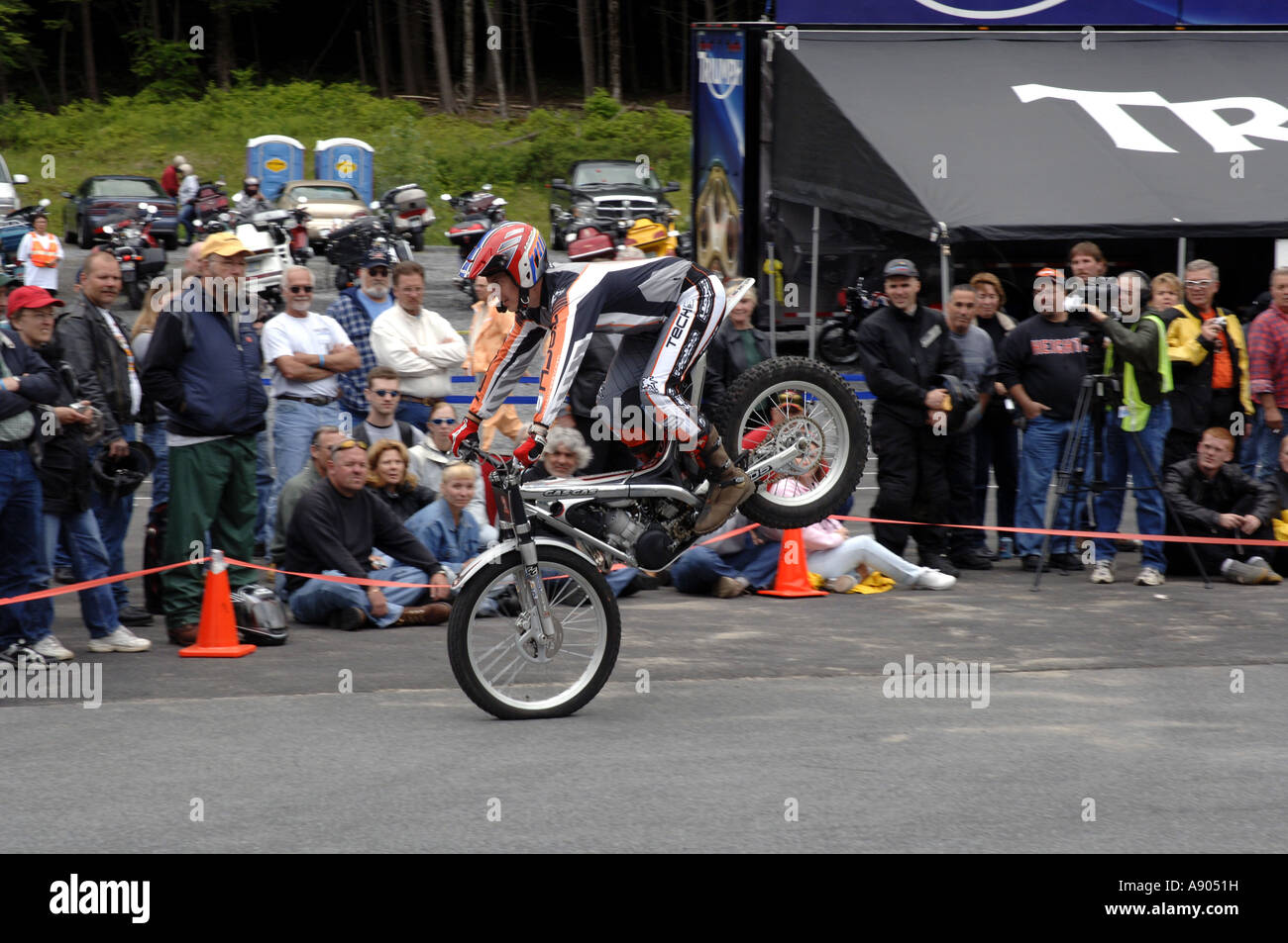 Lake George NY Americade Bike rally Tommi Ahvala former world trials riding champion performs stunts Trials riders use a special Stock Photo