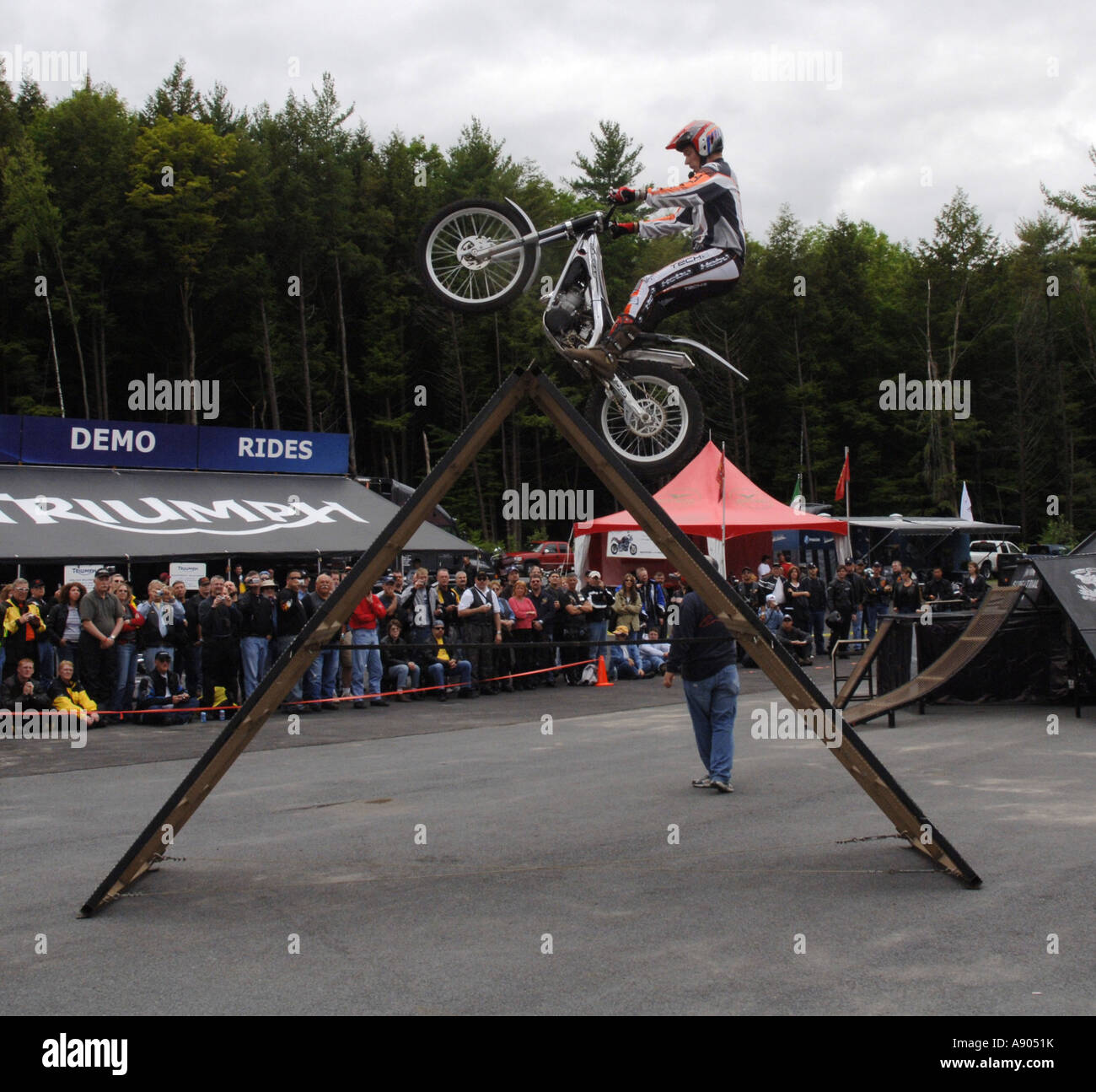 Lake George, NY. Americade Rally. Tommi Ahvala, former world trials riding champion, performs stunts. Stock Photo