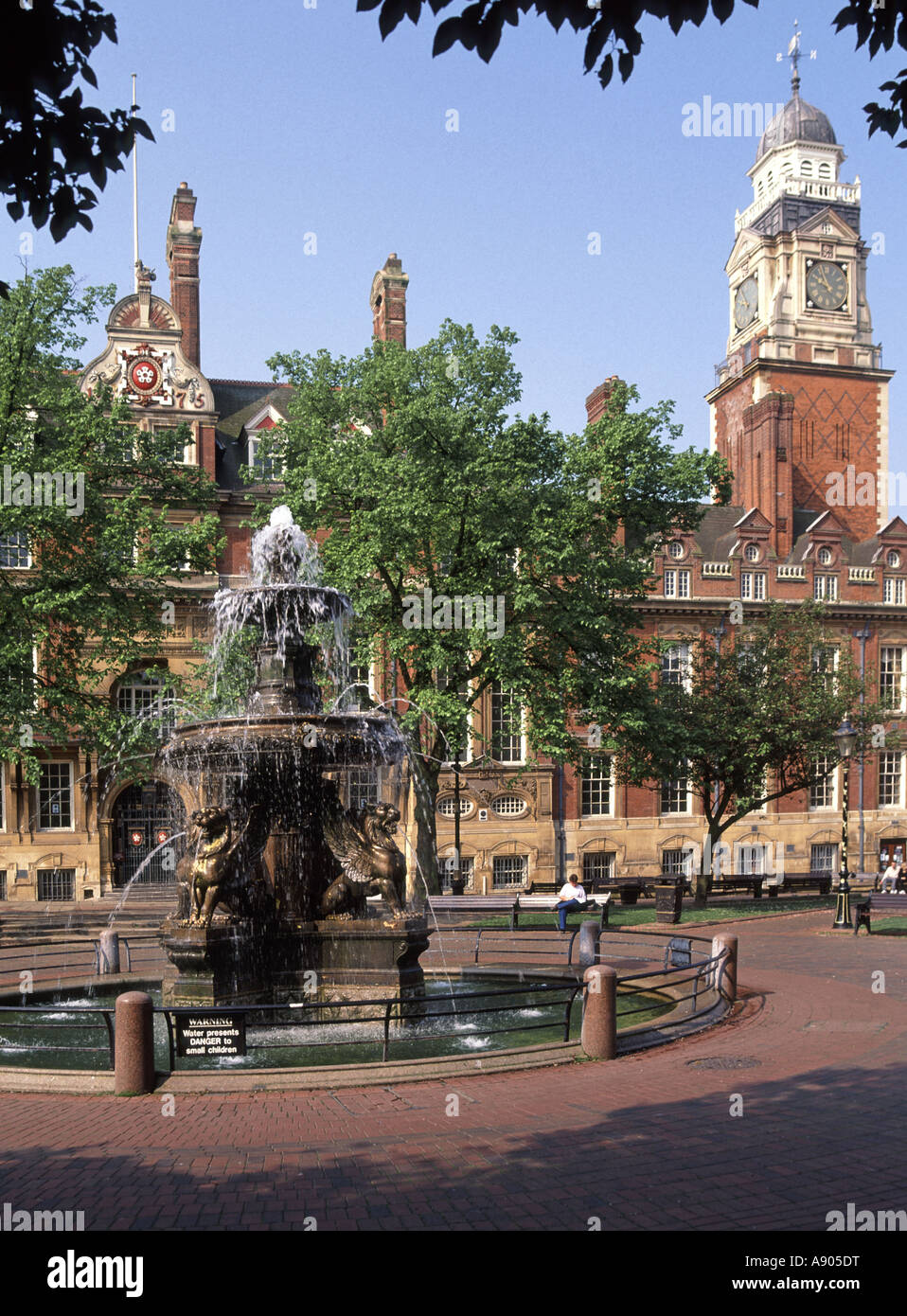 Leicester Town Hall Square 19th century Victorian era historical urban Town Hall clock tower building & ornamental water feature fountain England UK Stock Photo