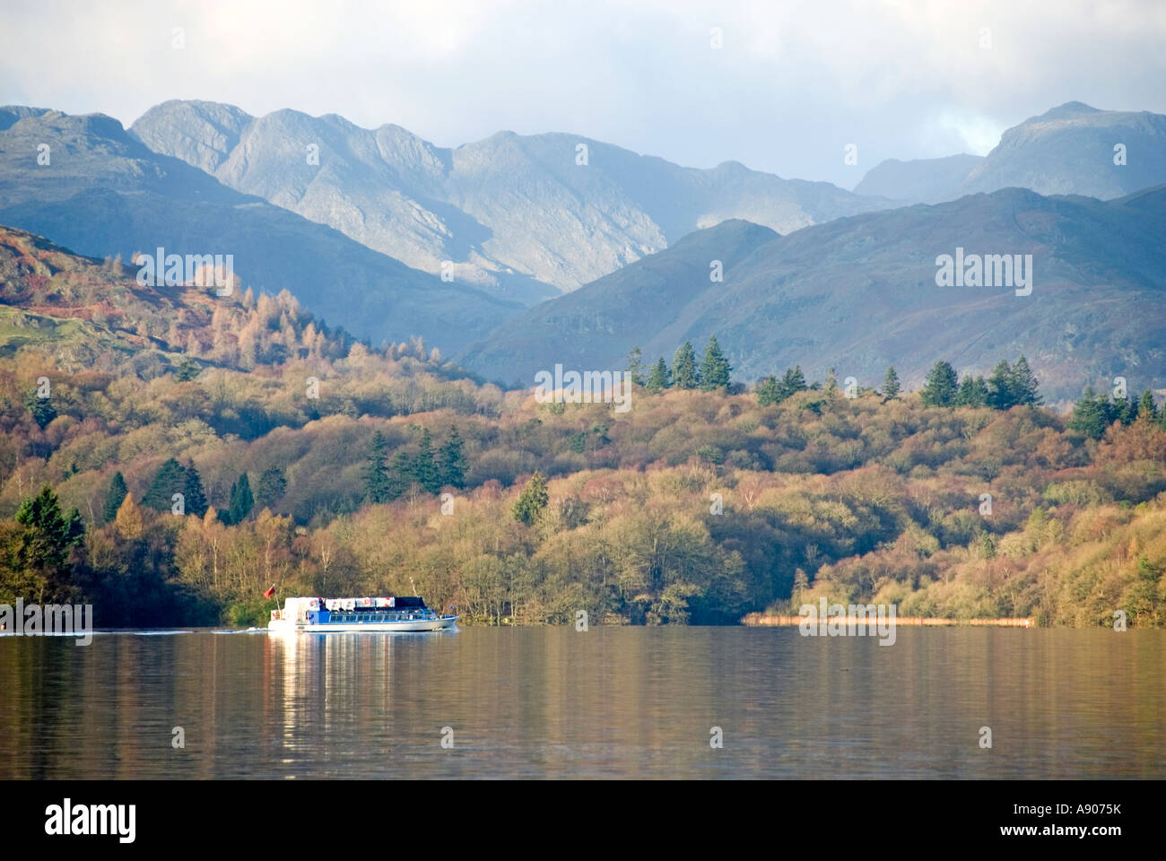 Lake Windermere early morning autumn woodland shoreline landscape  Lake District countryside tour boat on route to Ambleside Cumbria England UK Stock Photo