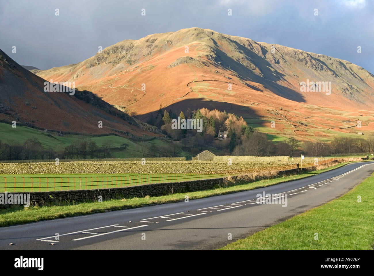 Grasmere Lake District national park scenic late autumn early winter drive along A591 route on quiet deserted roads Stock Photo