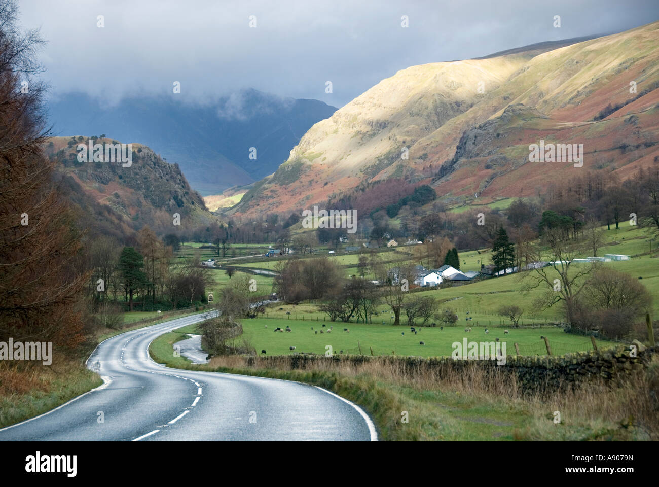 North of Grasmere Lake District national park late autumn early winter scenic drive along A591 valley route on empty roads Stock Photo
