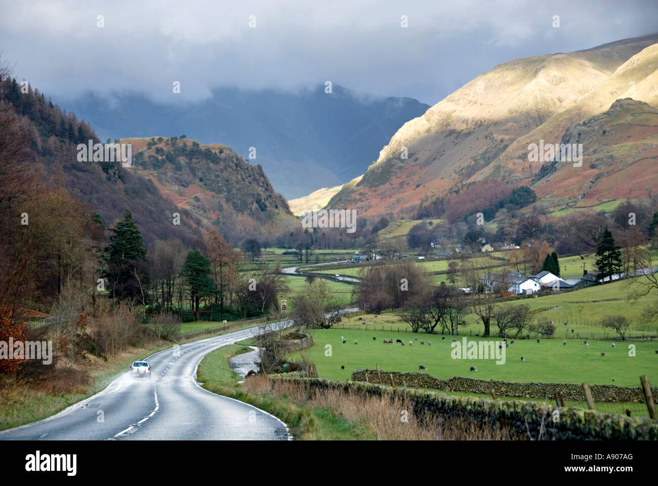 North of Grasmere Lake District national park scenic late autumn early winter drive along A591 valley route quiet roads Stock Photo