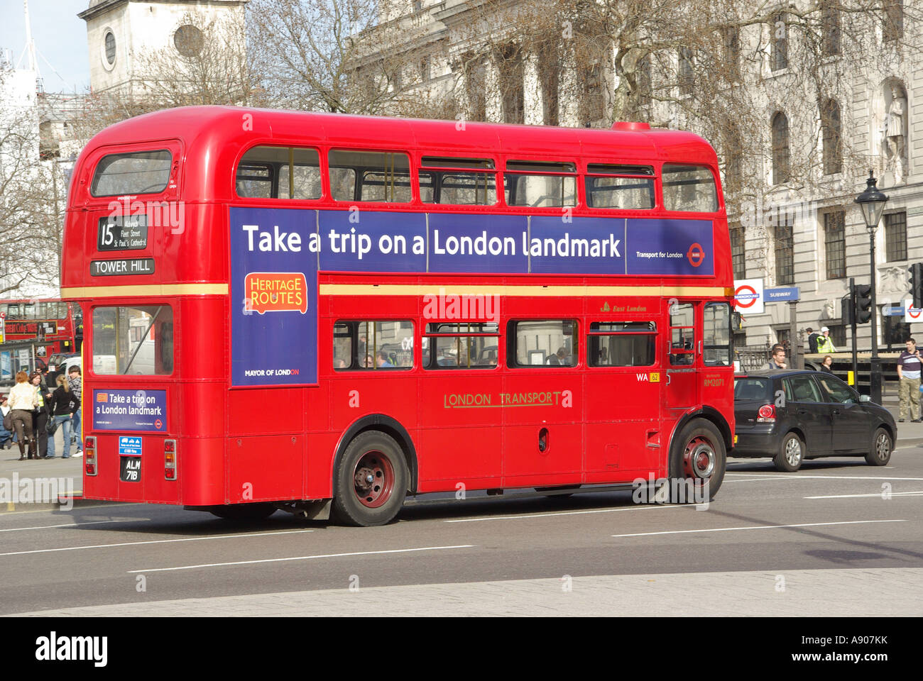 Red Routemaster double decker bus route 15 advert promoting Heritage Route South Africa House beyond Stock Photo