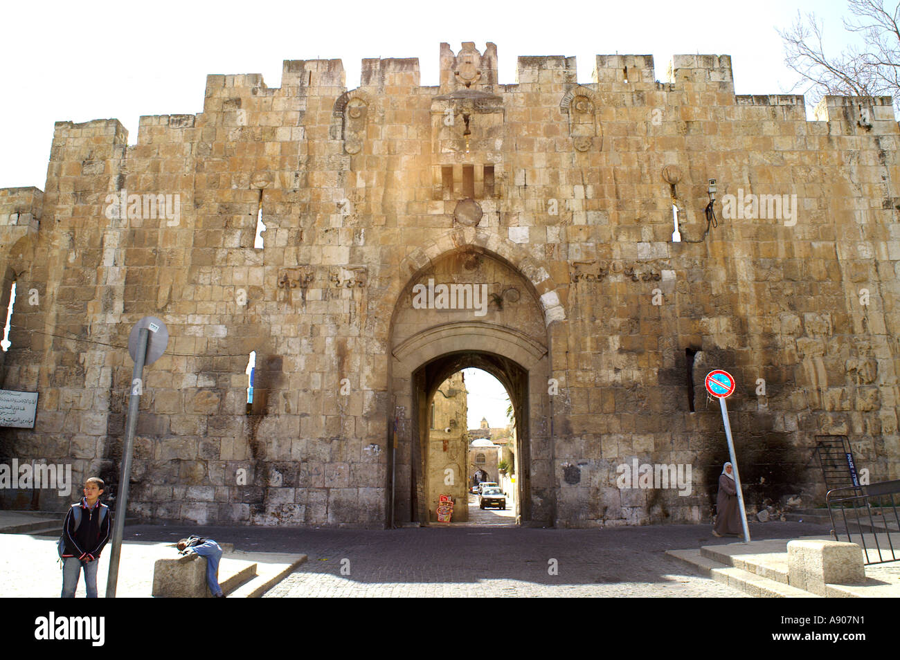 Lions gate AKA St Stephen s Gate and Bab El Isbat and Bab Sitna Mariam Jerusalem old city walls Stock Photo