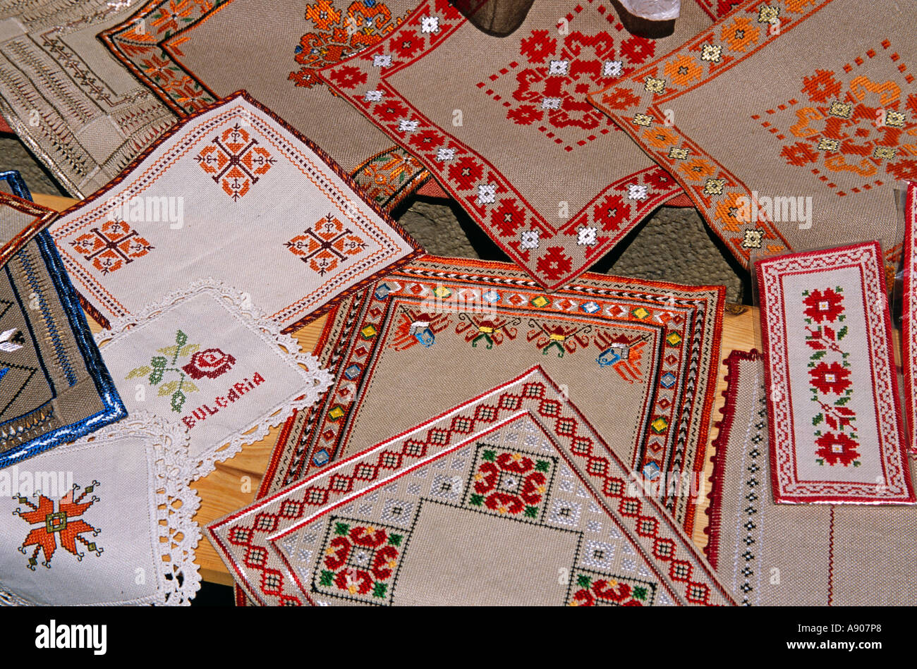 Colourful Bulgarian embroidery outside gift shop, Veliko Tarnovo, Bulgaria Stock Photo