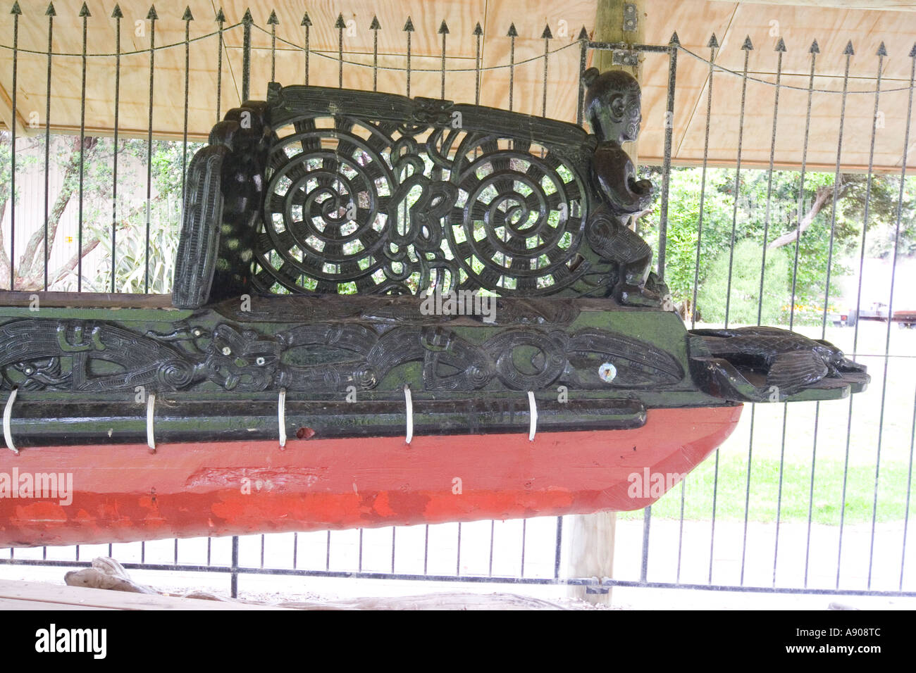 New Zealand Whakatane Mataatua Waka Canoe in canoe house with decorated
