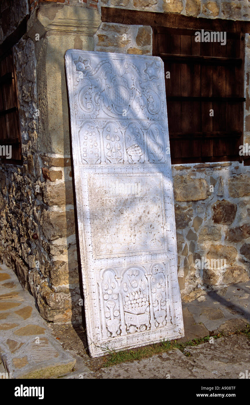 Stone plaque outside the Church of the Nativity, Arbanassi, Bulgaria Stock Photo