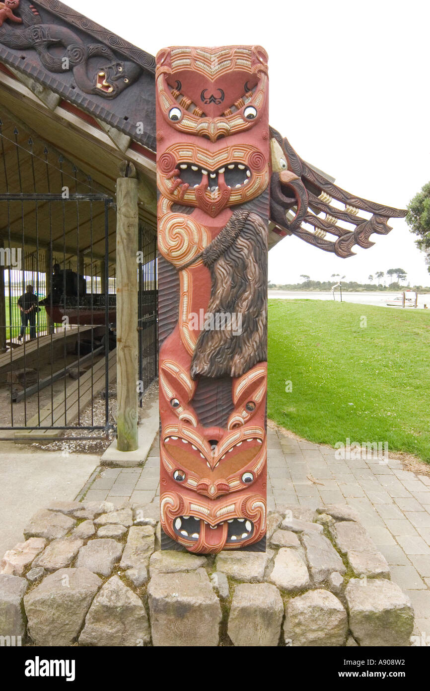 New Zealand Whakatane Mataatua Waka Canoe in canoe house with decorated